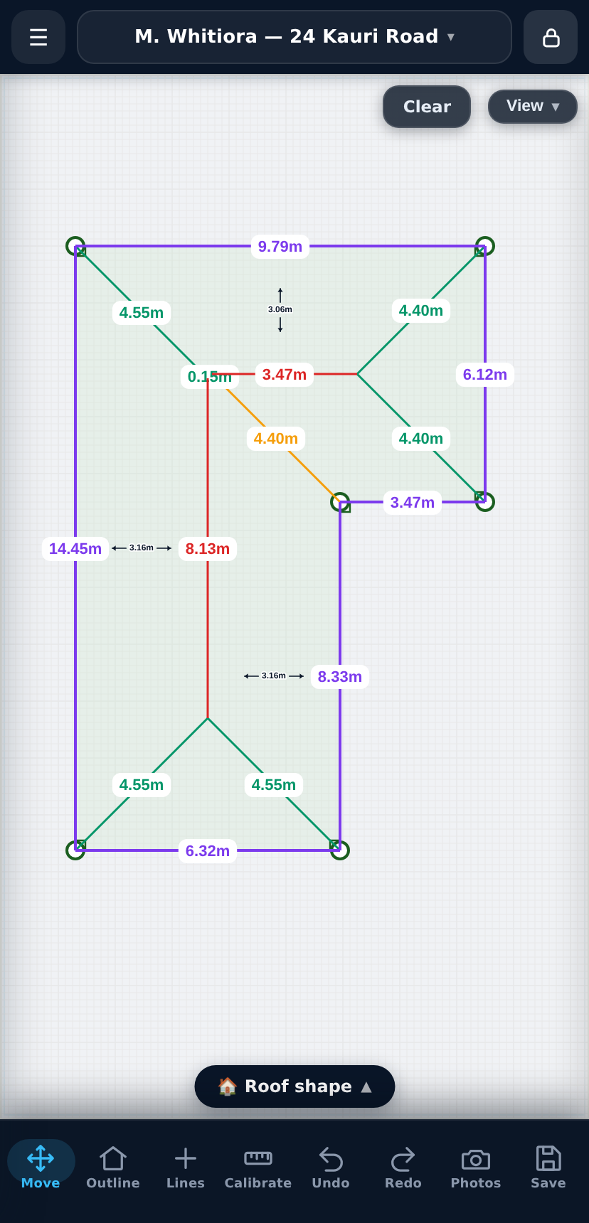 RoofMap on a phone, showing a hip roof with every line measured